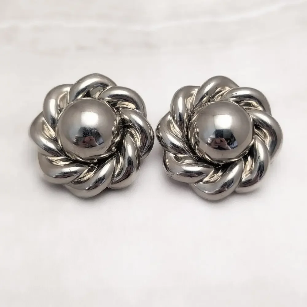 Vintage Clip On Earrings Extra Large Silver Tone Chunky Twist Halo Statement
